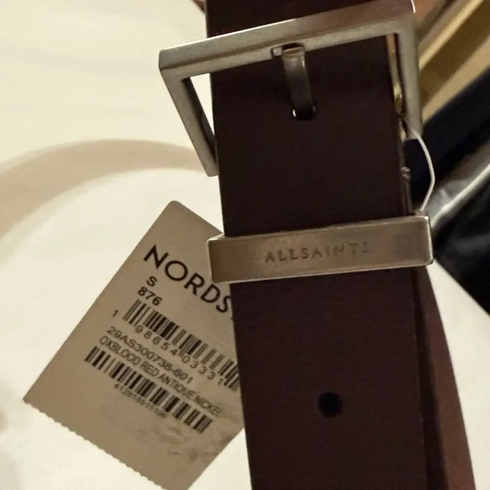 Allsaints men’s oxblood red antique nickel 3 piece belt set size small. NWT